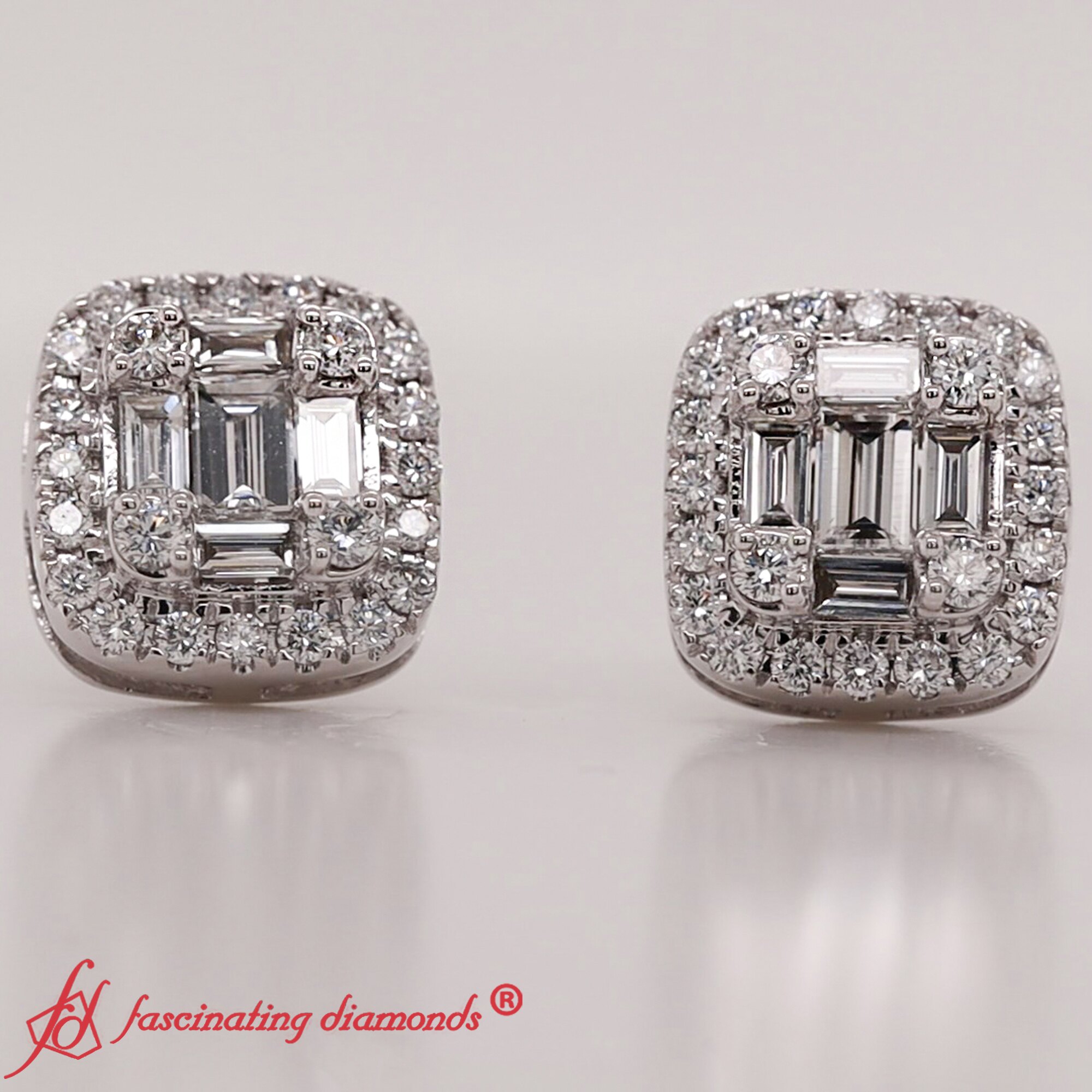 Emerald Shape Lab Diamond Cluster Stud Earrings with 14K White Gold White Diamond