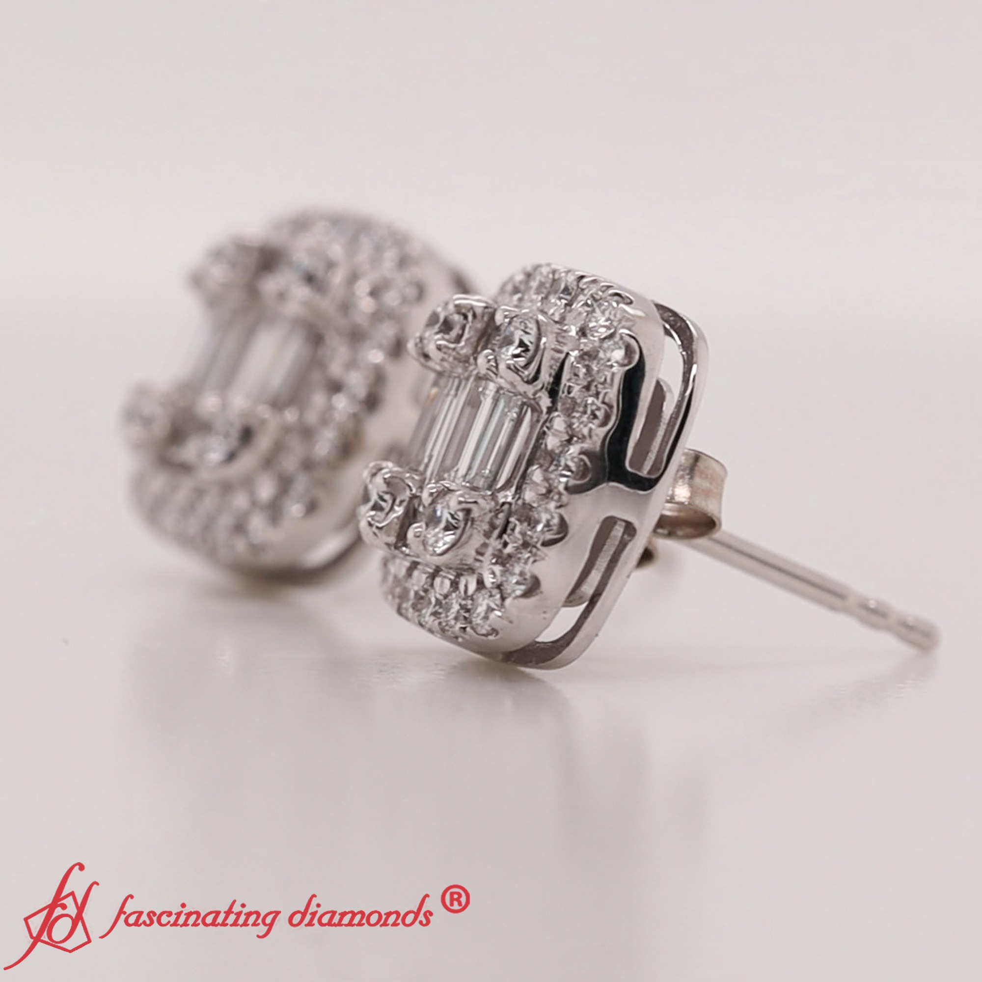 Emerald Shape Lab Diamond Cluster Stud Earrings with 14K White Gold White Diamond
