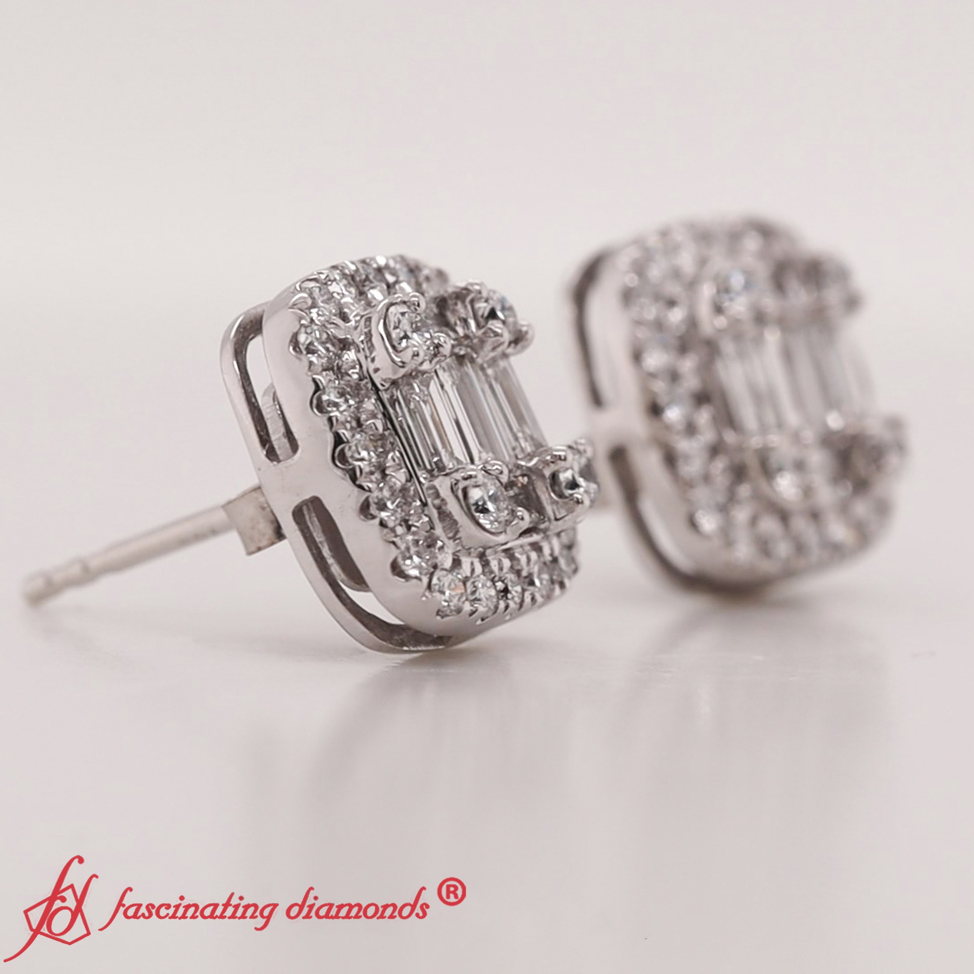 Emerald Shape Lab Diamond Cluster Stud Earrings with 14K White Gold White Diamond