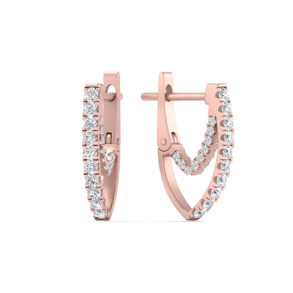 Delicate Diamond Hoop Earrings with 14K Rose Gold White Diamond