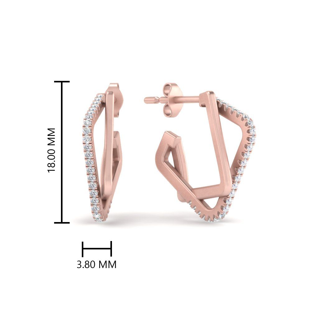 Delicate Square Diamond Hoops Earrings with 14K Rose Gold White Diamond