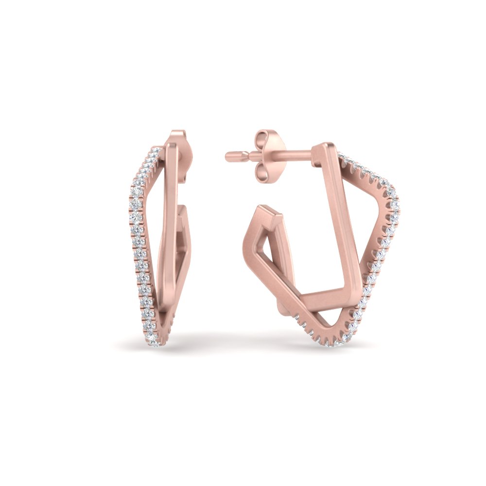 Delicate Square Diamond Hoops Earrings with 14K Rose Gold White Diamond
