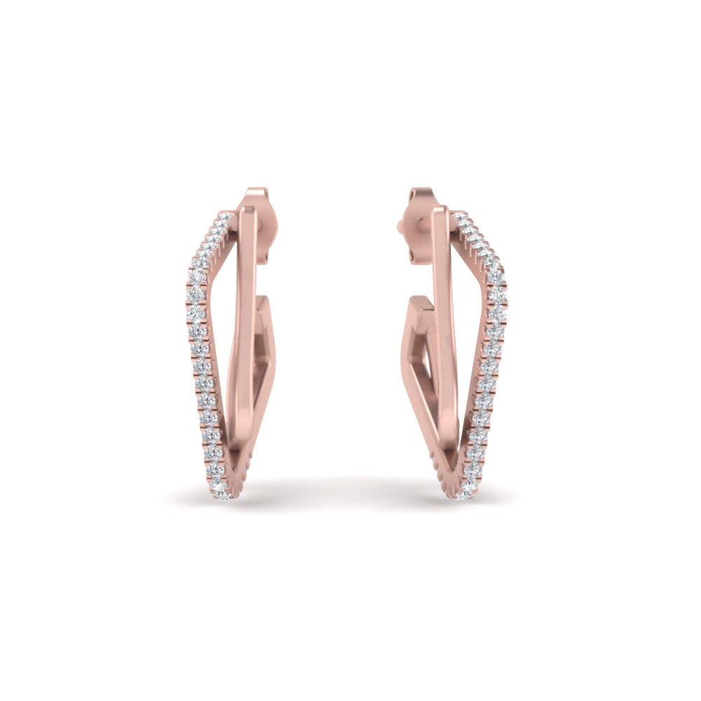 Delicate Square Diamond Hoops Earrings with 14K Rose Gold White Diamond