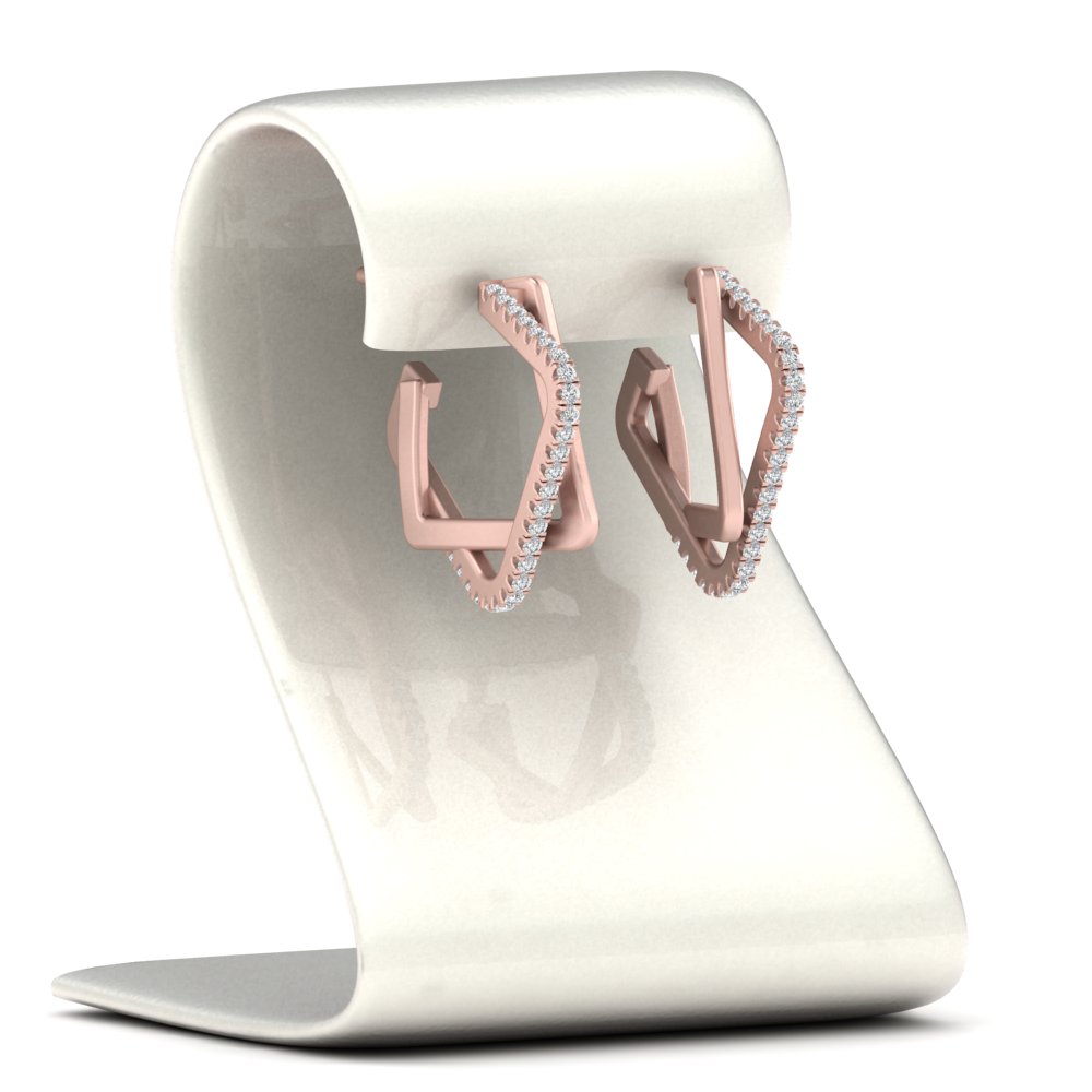 Delicate Square Diamond Hoops Earrings with 14K Rose Gold White Diamond
