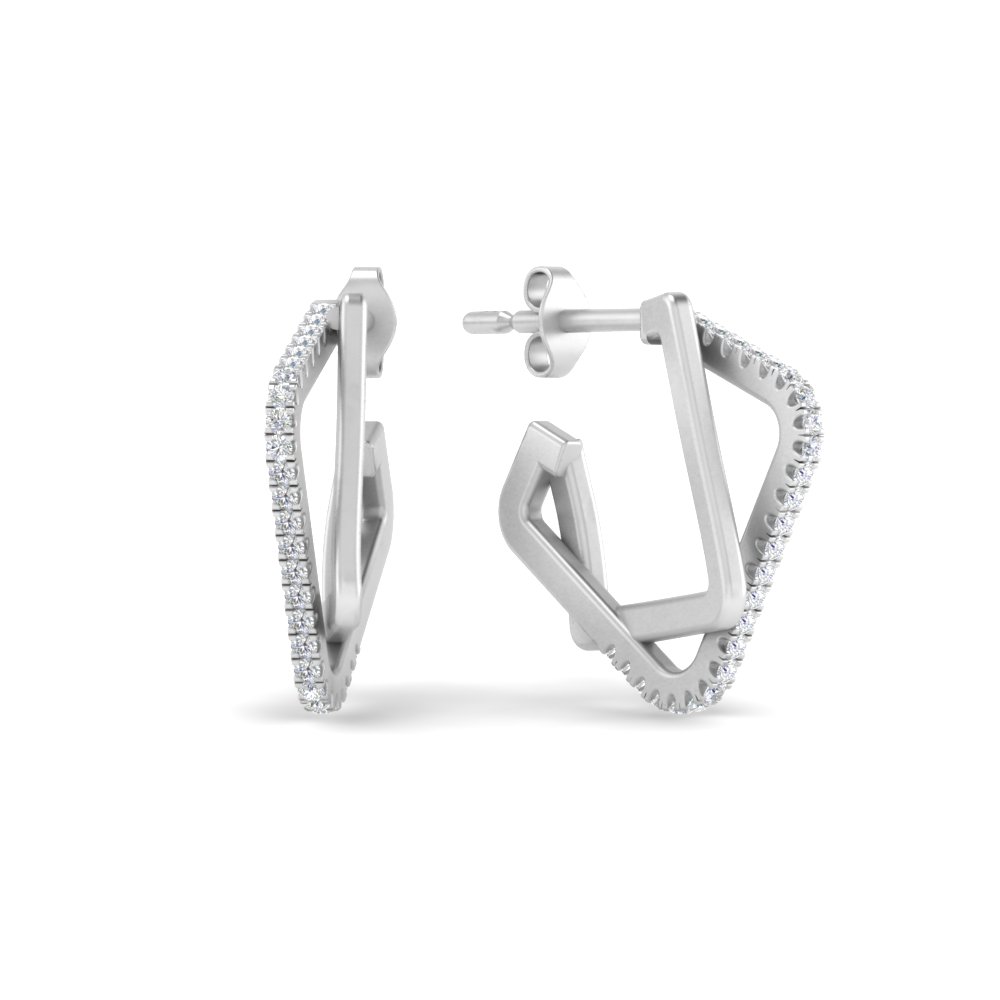 Delicate Square Diamond Hoops Earrings with 14K White Gold White Diamond