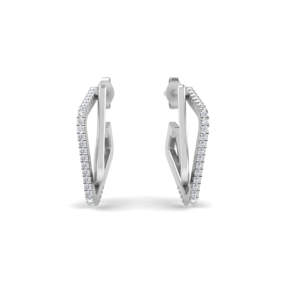 Delicate Square Diamond Hoops Earrings with 14K White Gold White Diamond