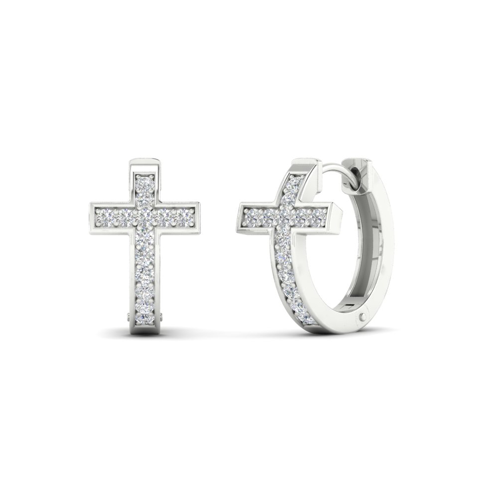 diamond cross huggie hoop earrings in white gold FDEAR11048ANGLE1 NL WG