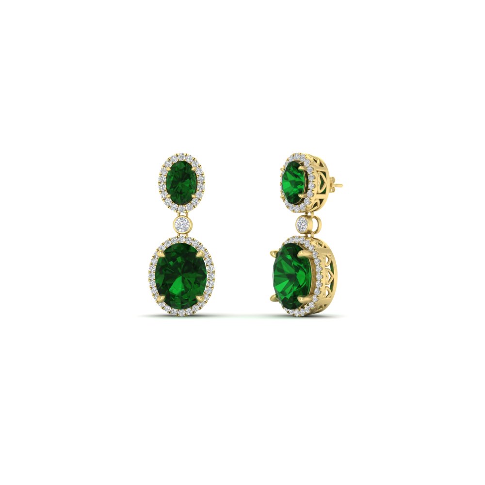 two oval emerald drop with halo diamond earrings in FDEAR11205GEMGR NL YG