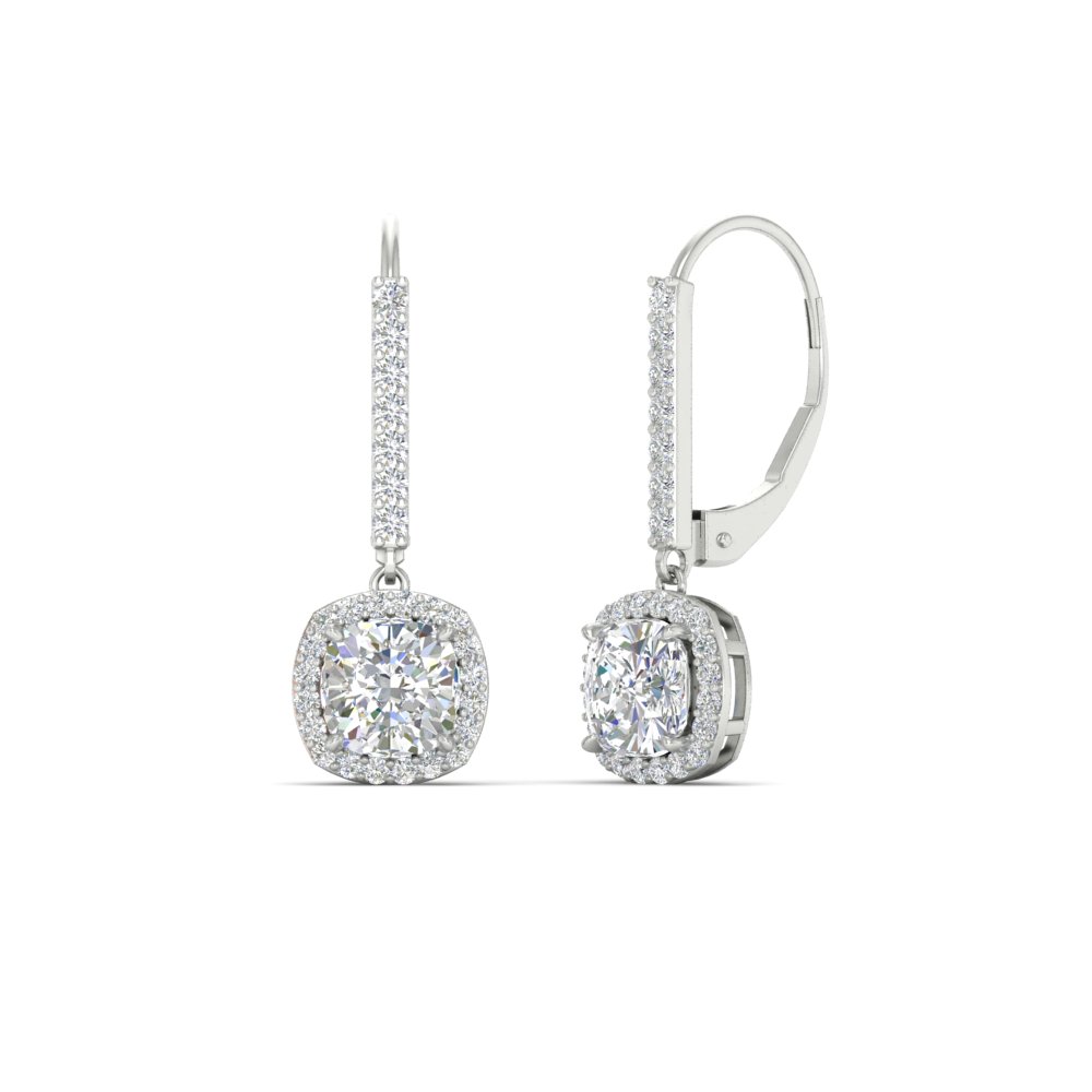 1 Carat Cushion Cut Halo Lever Back Earrings with White Diamond in 14K White Gold