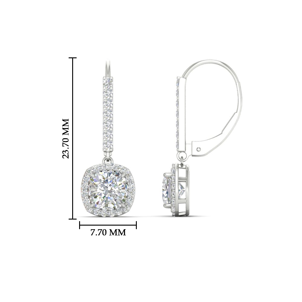 1 Carat Cushion Cut Halo Lever Back Earrings with White Diamond in 14K White Gold