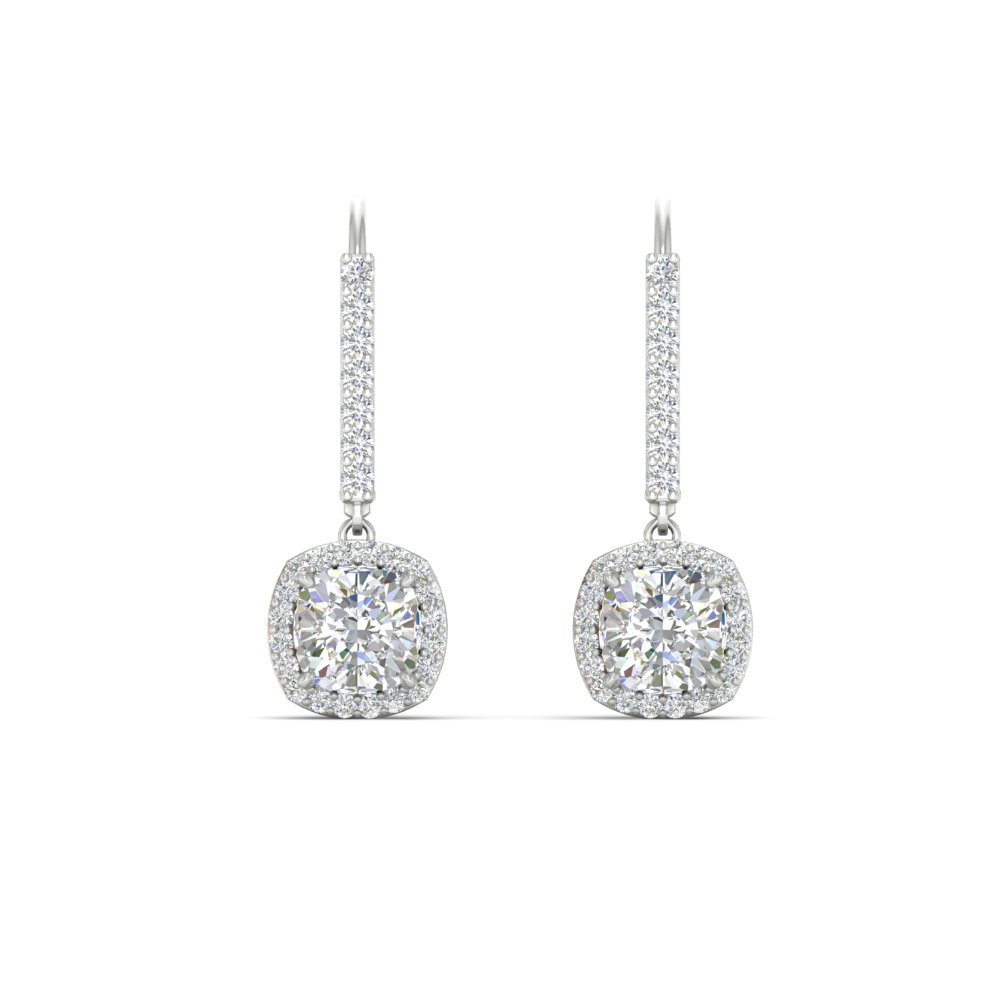 1 Carat Cushion Cut Halo Lever Back Earrings with White Diamond in 14K White Gold