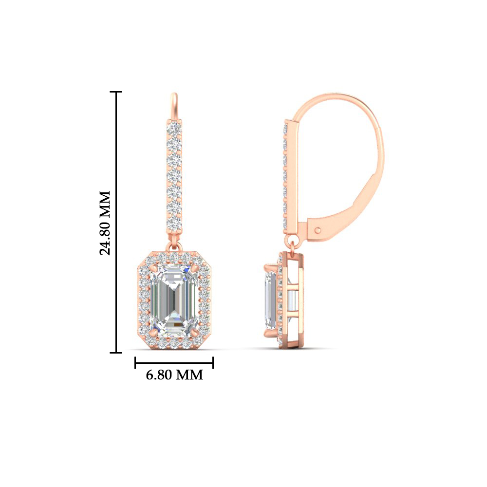 1 Carat Emerald Cut Drop Halo Earrings with White Diamond in 14K Rose Gold