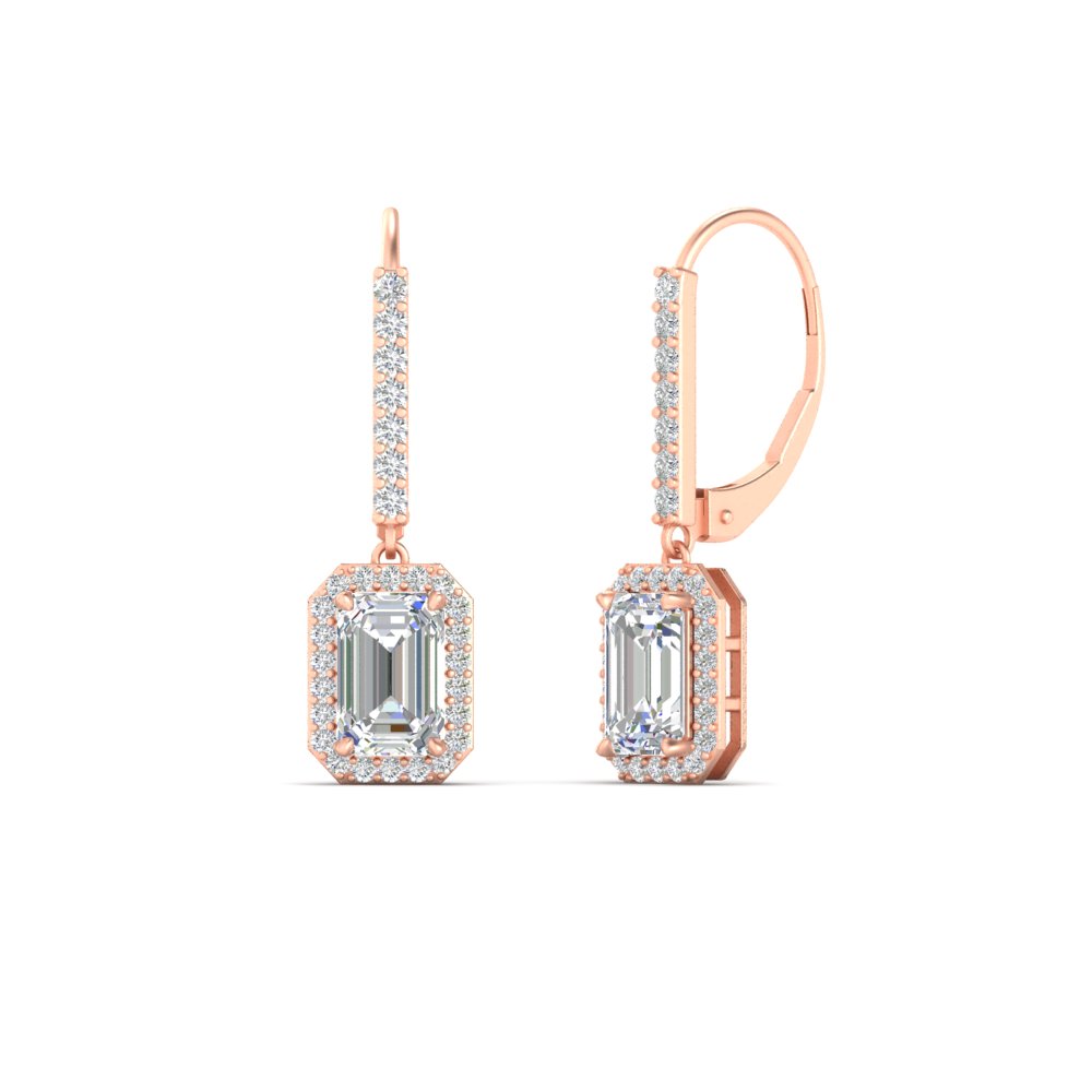 1 Carat Emerald Cut Drop Halo Earrings with White Diamond in 14K Rose Gold