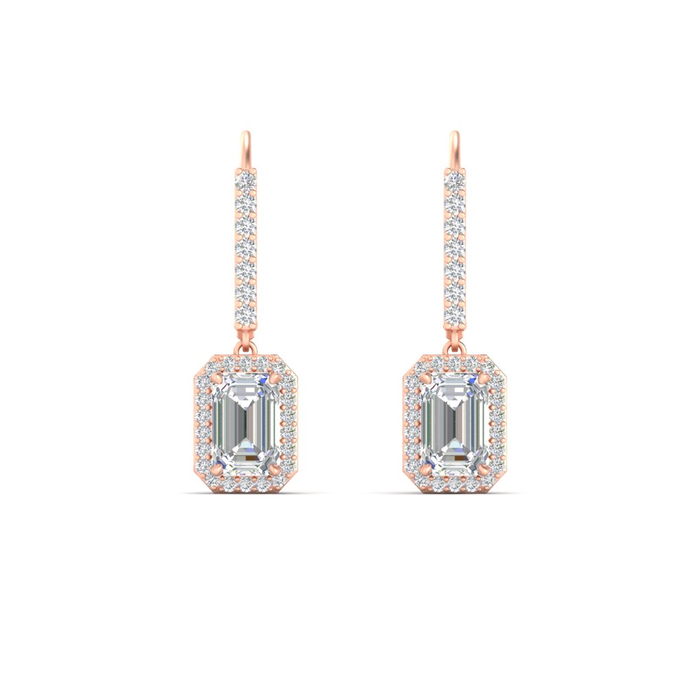 1 Carat Emerald Cut Drop Halo Earrings with White Diamond in 14K Rose Gold