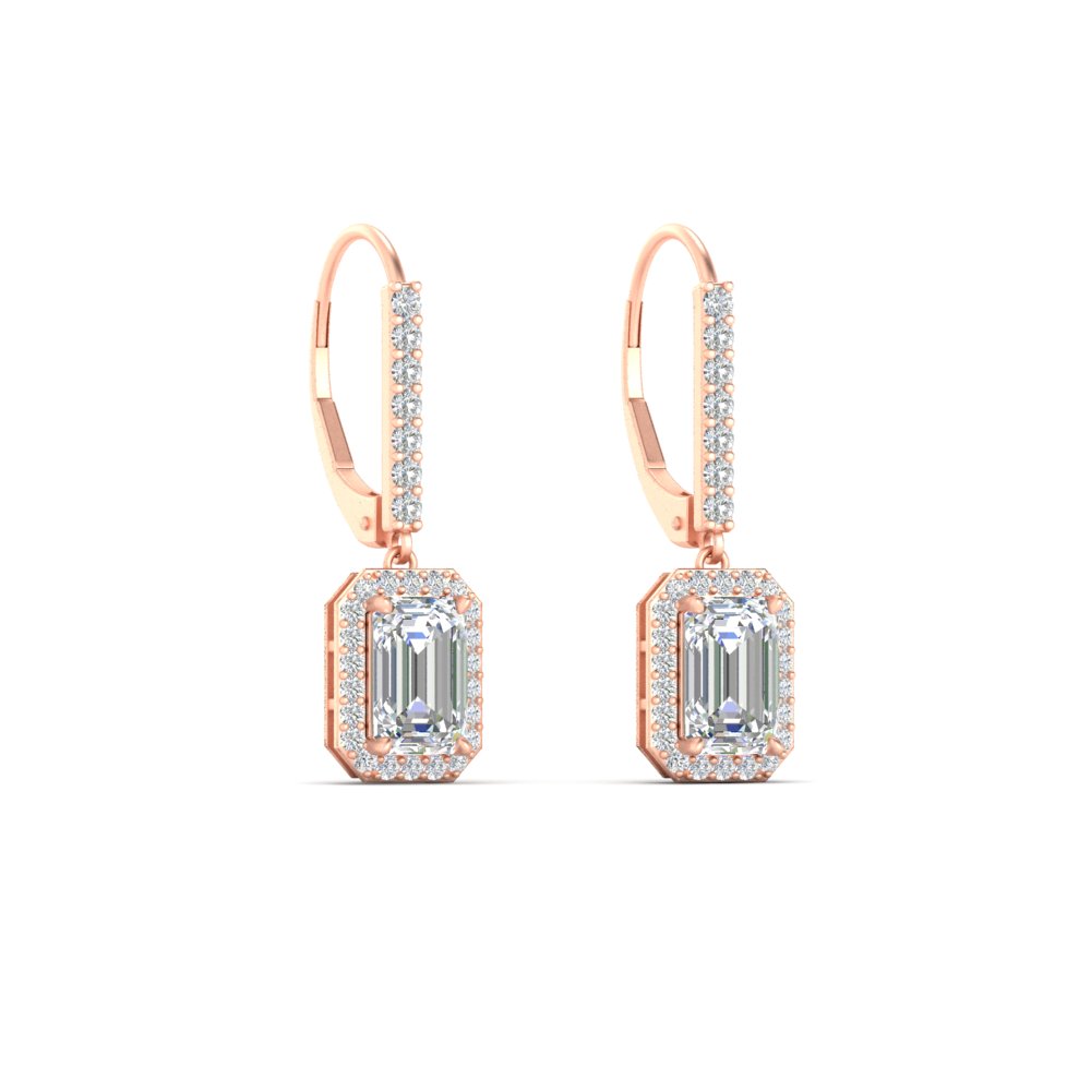 1 Carat Emerald Cut Drop Halo Earrings with White Diamond in 14K Rose Gold