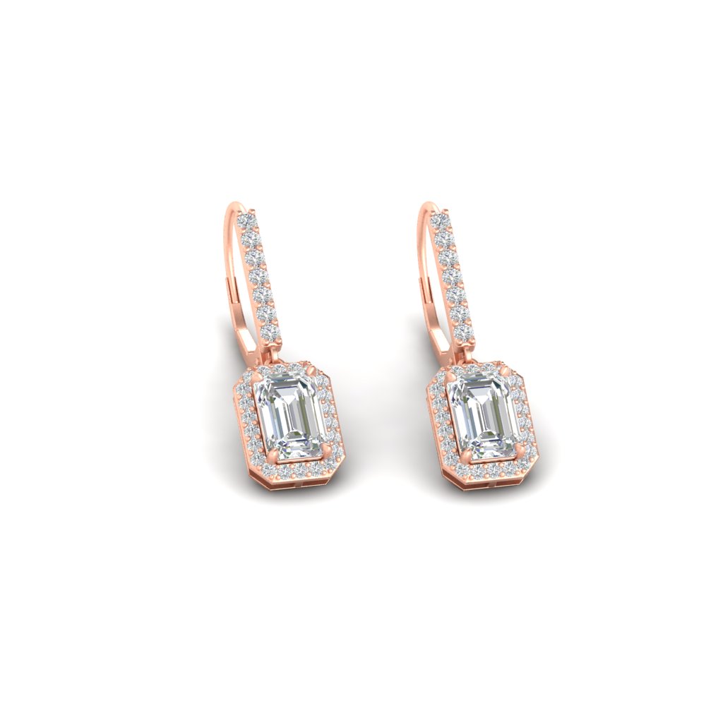 1 Carat Emerald Cut Drop Halo Earrings with White Diamond in 14K Rose Gold