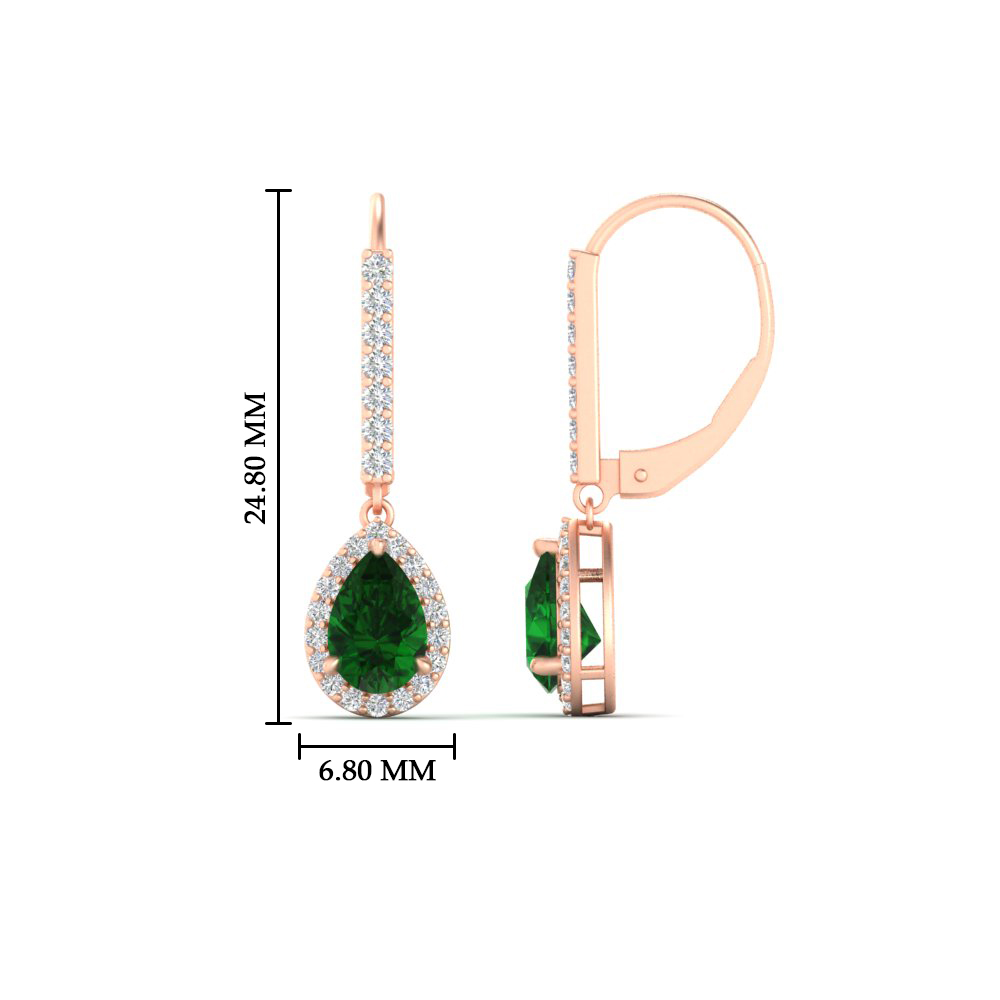 Pear Shaped Halo Leverback Earrings for Her with 18K Rose Gold Green Emerald