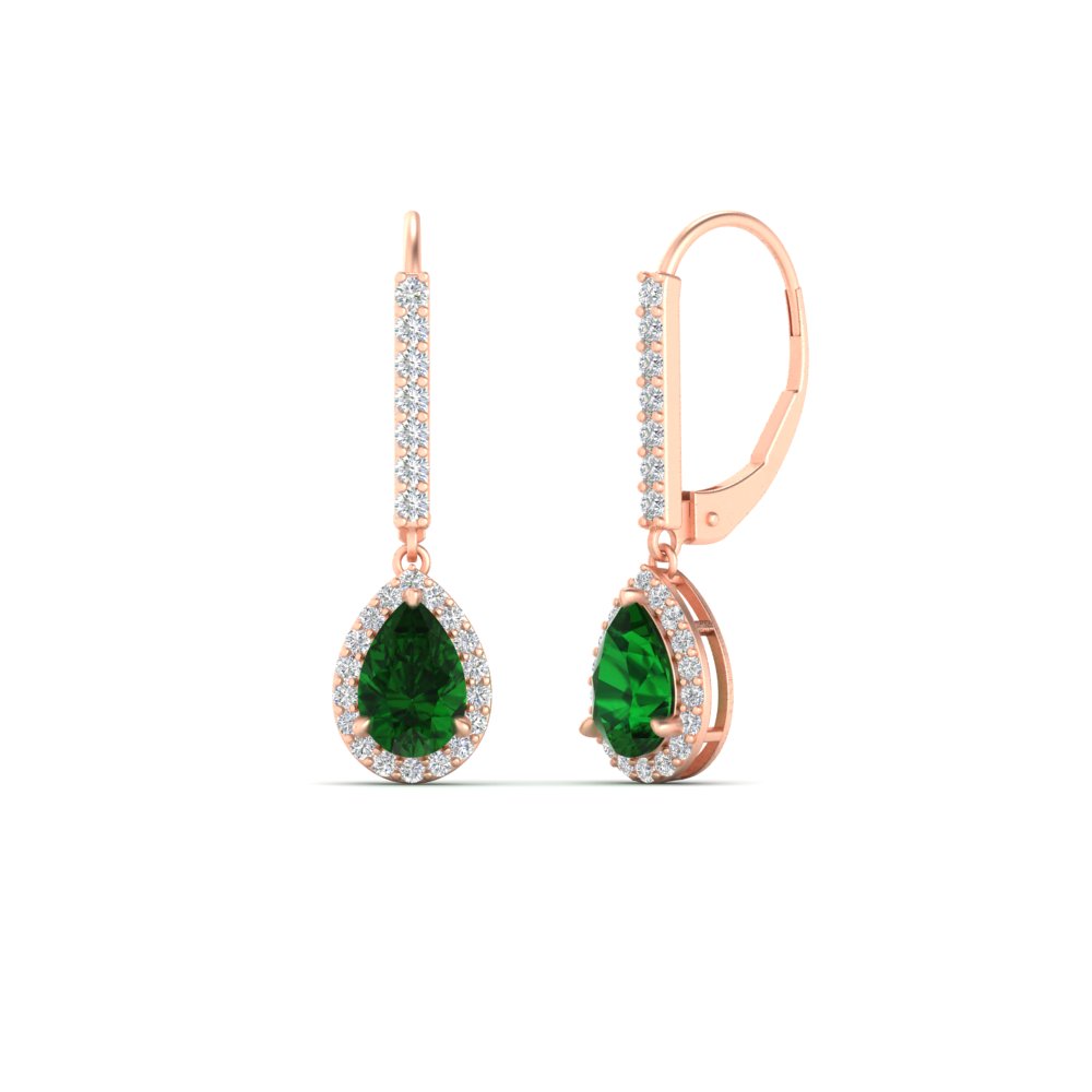 Pear Shaped Halo Leverback Earrings for Her with 18K Rose Gold Green Emerald