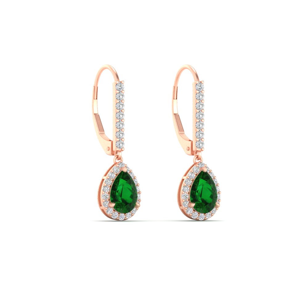 Pear Shaped Halo Leverback Earrings for Her with 18K Rose Gold Green Emerald