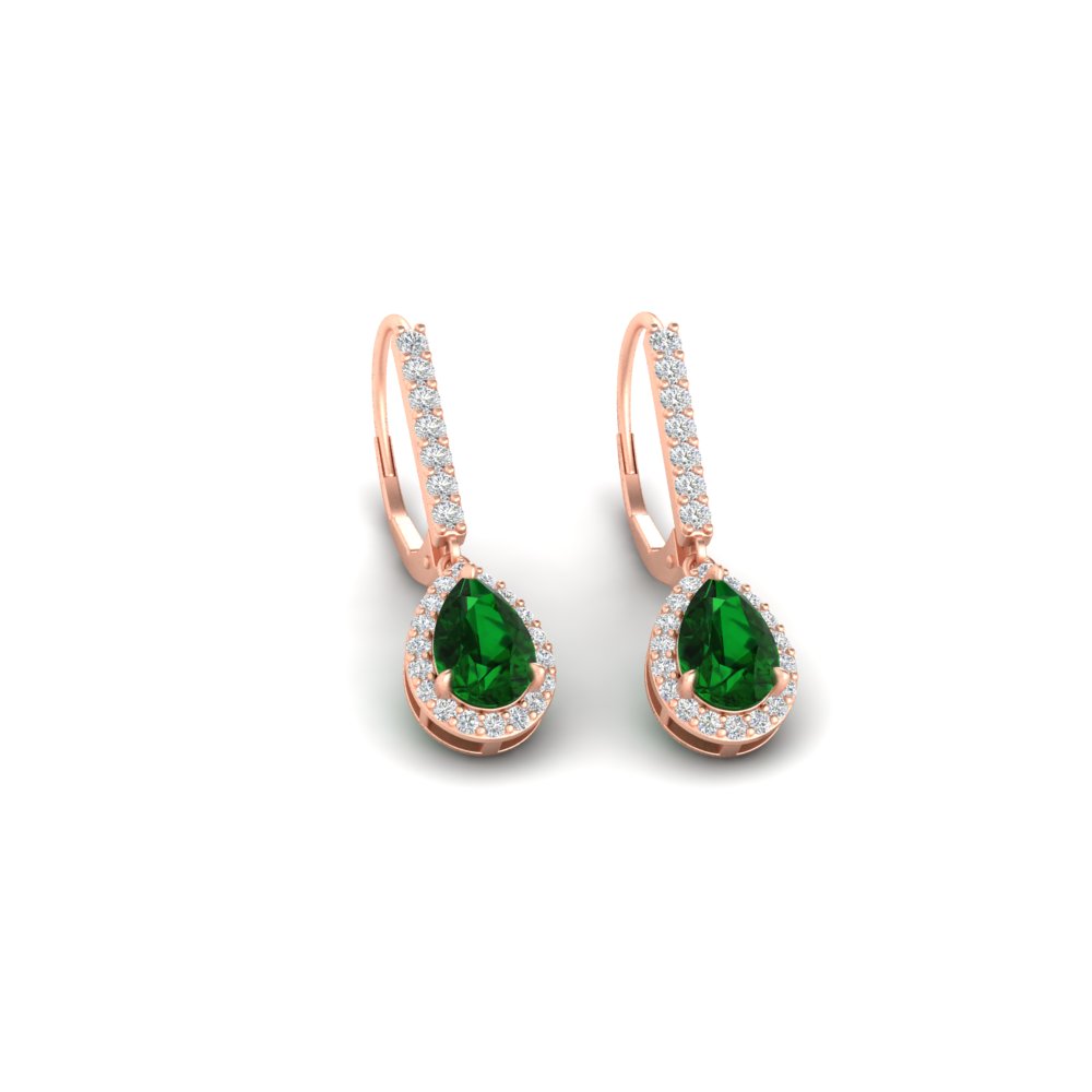 Pear Shaped Halo Leverback Earrings for Her with 18K Rose Gold Green Emerald