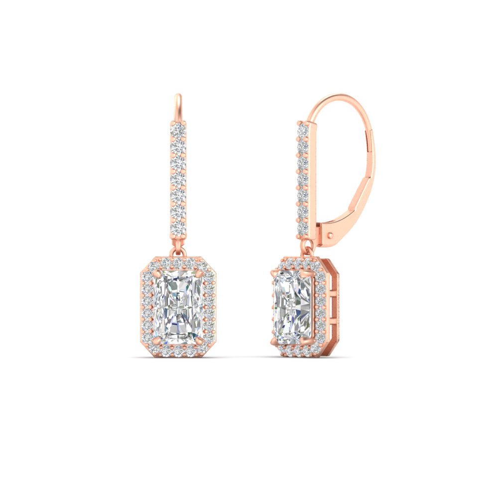 Radiant Cut Halo Diamond Lever Back Earrings with 14K Rose Gold White Diamond