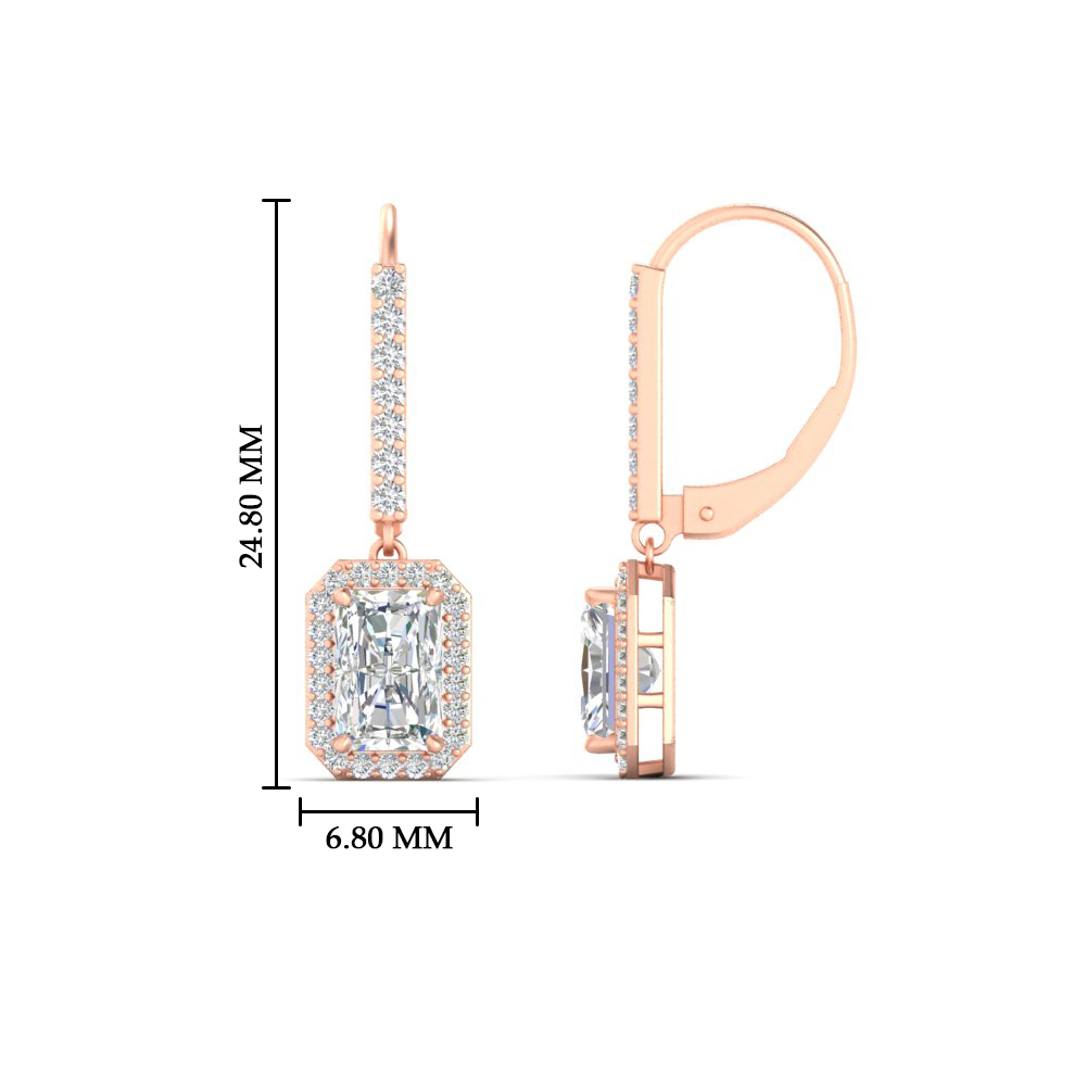 Radiant Cut Halo Diamond Lever Back Earrings with 14K Rose Gold White Diamond