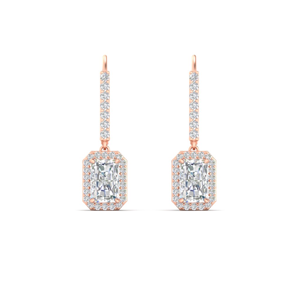 Radiant Cut Halo Diamond Lever Back Earrings with 14K Rose Gold White Diamond