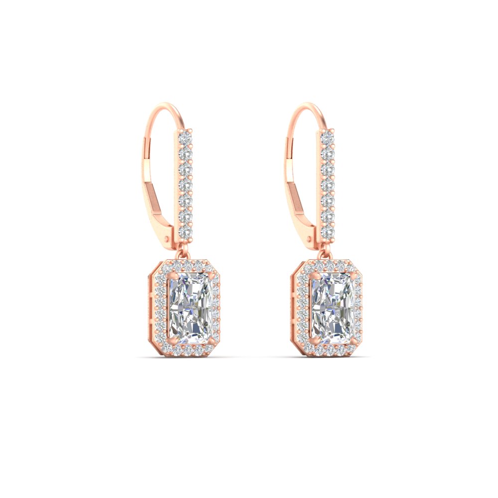 Radiant Cut Halo Diamond Lever Back Earrings with 14K Rose Gold White Diamond