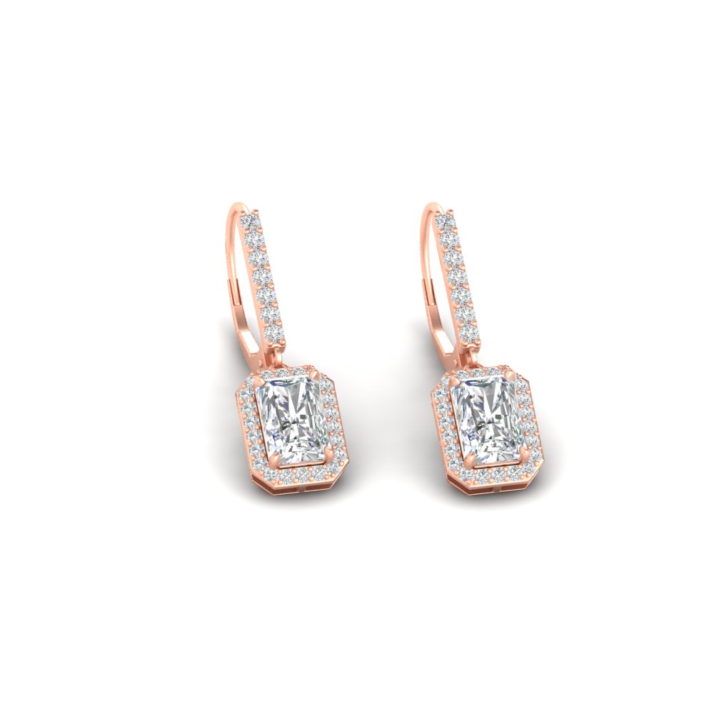 Radiant Cut Halo Diamond Lever Back Earrings with 14K Rose Gold White Diamond