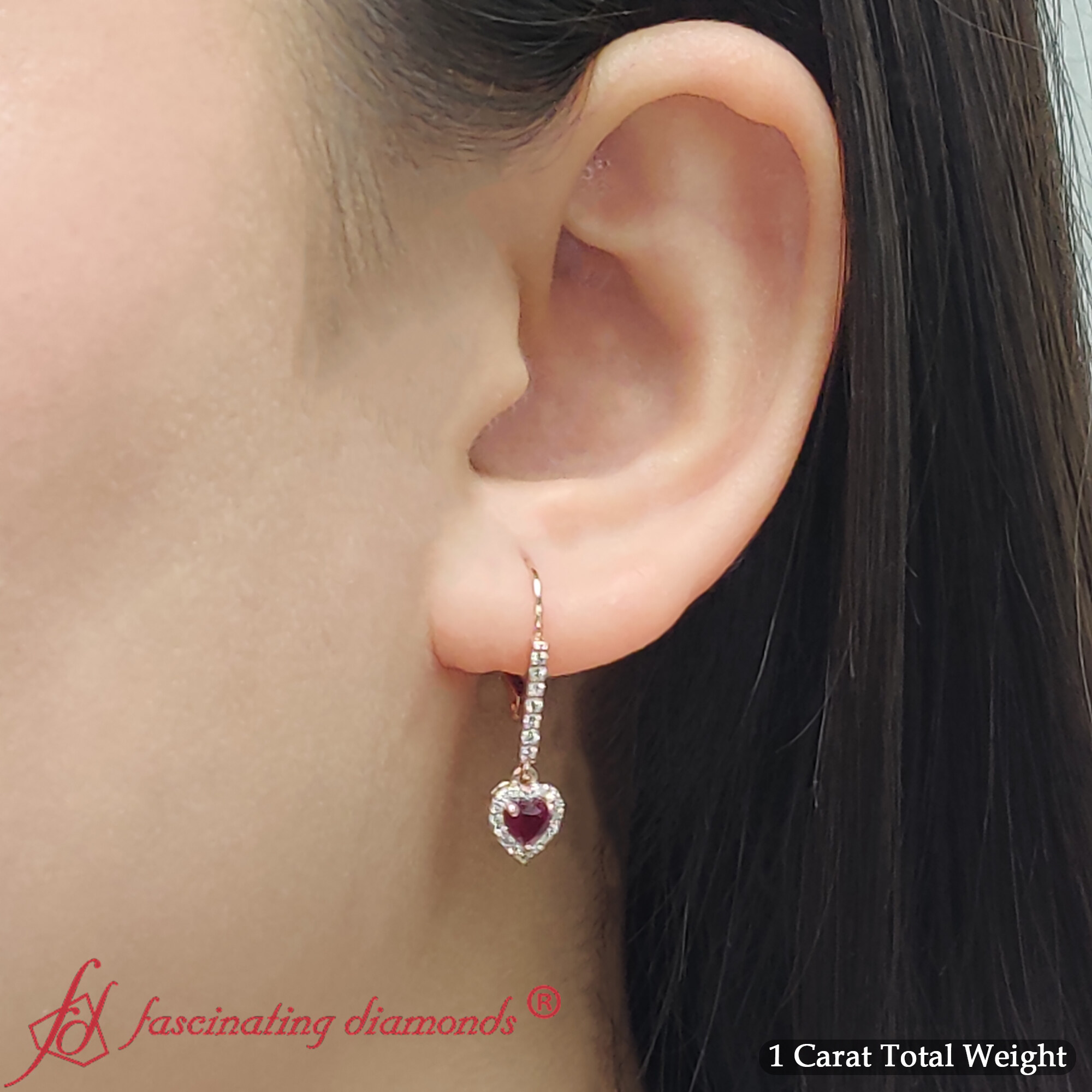 1 Carat Heart Shape Lever Back Diamond Earring with 14K Rose Gold Red Ruby