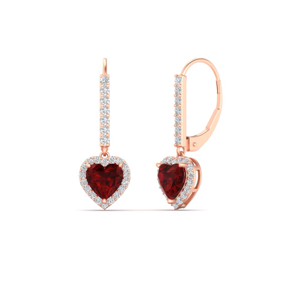 1 Carat Heart Shape Lever Back Diamond Earring with 14K Rose Gold Red Ruby