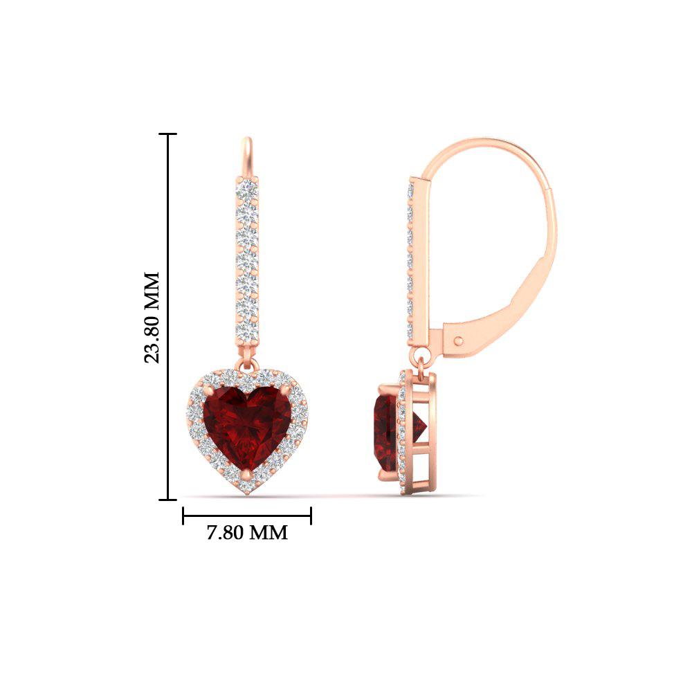 1 Carat Heart Shape Lever Back Diamond Earring with 14K Rose Gold Red Ruby