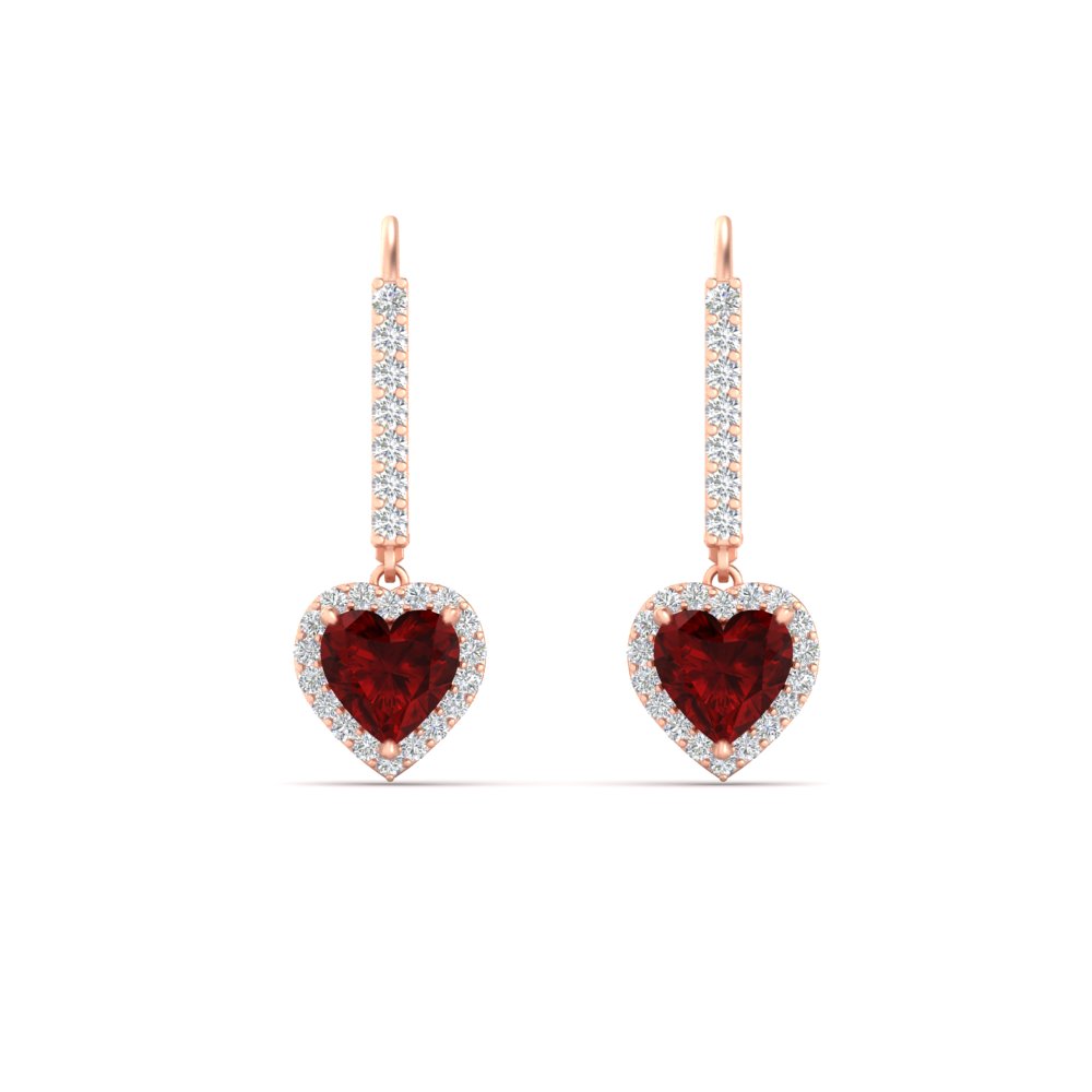 1 Carat Heart Shape Lever Back Diamond Earring with 14K Rose Gold Red Ruby