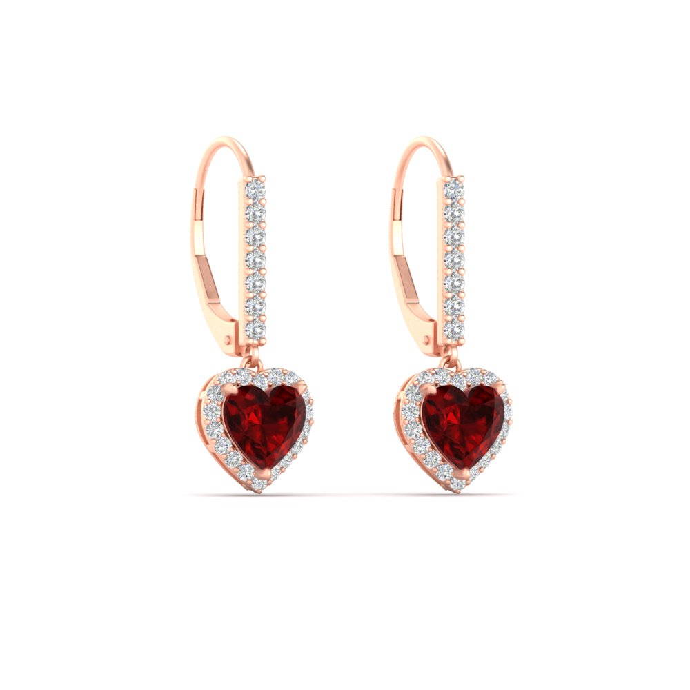 1 Carat Heart Shape Lever Back Diamond Earring with 14K Rose Gold Red Ruby