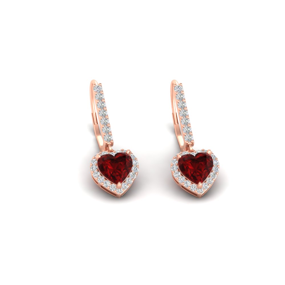 1 Carat Heart Shape Lever Back Diamond Earring with 14K Rose Gold Red Ruby