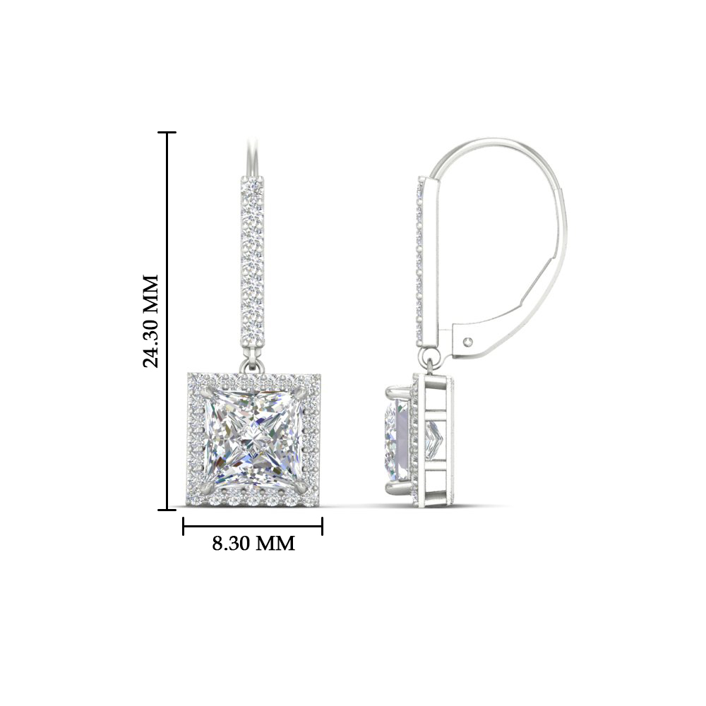 2 Carat Halo Lever Back Princess Cut Earrings with 14K White Gold White Diamond