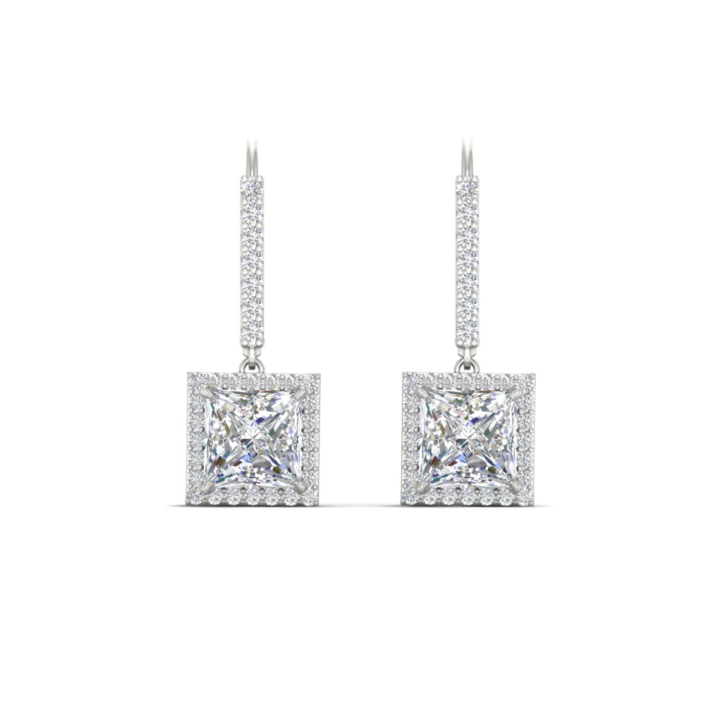 2 Carat Halo Lever Back Princess Cut Earrings with 14K White Gold White Diamond