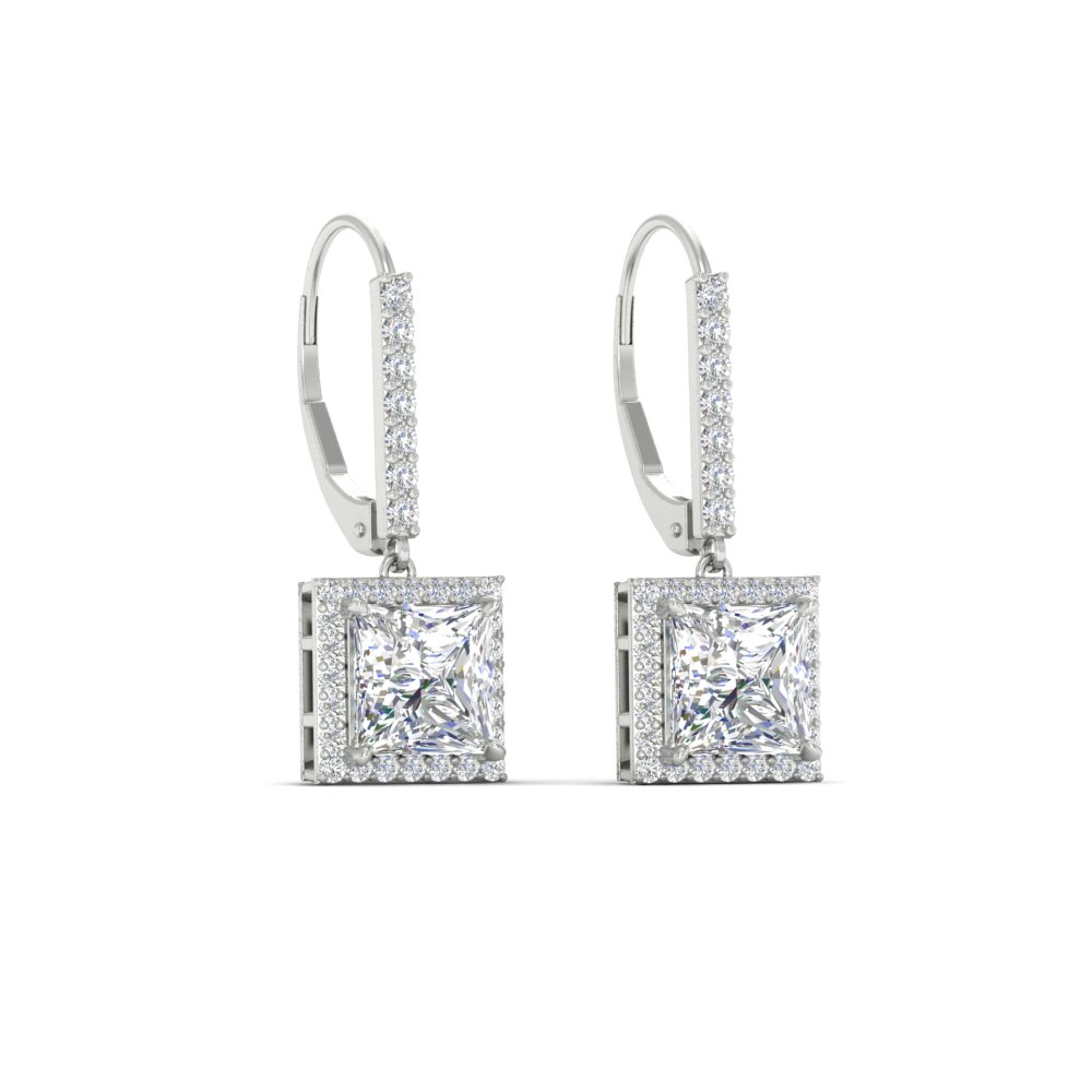 2 Carat Halo Lever Back Princess Cut Earrings with 14K White Gold White Diamond