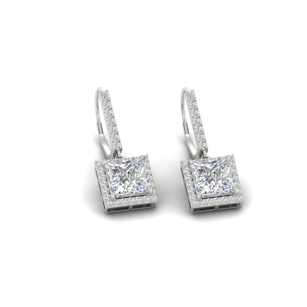2 Carat Halo Lever Back Princess Cut Earrings with 14K White Gold White Diamond