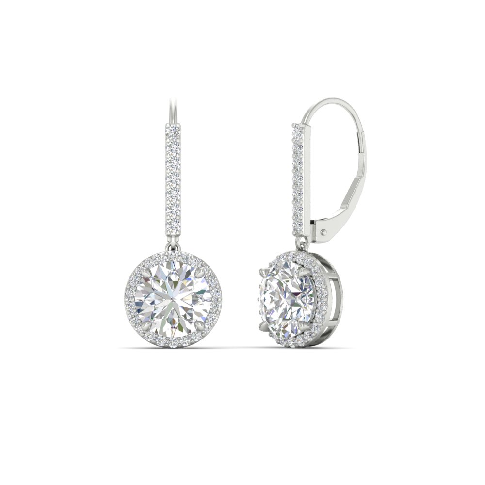  2 Carat Lever Back Round Dangle Earrings with White Diamond 14K White Gold