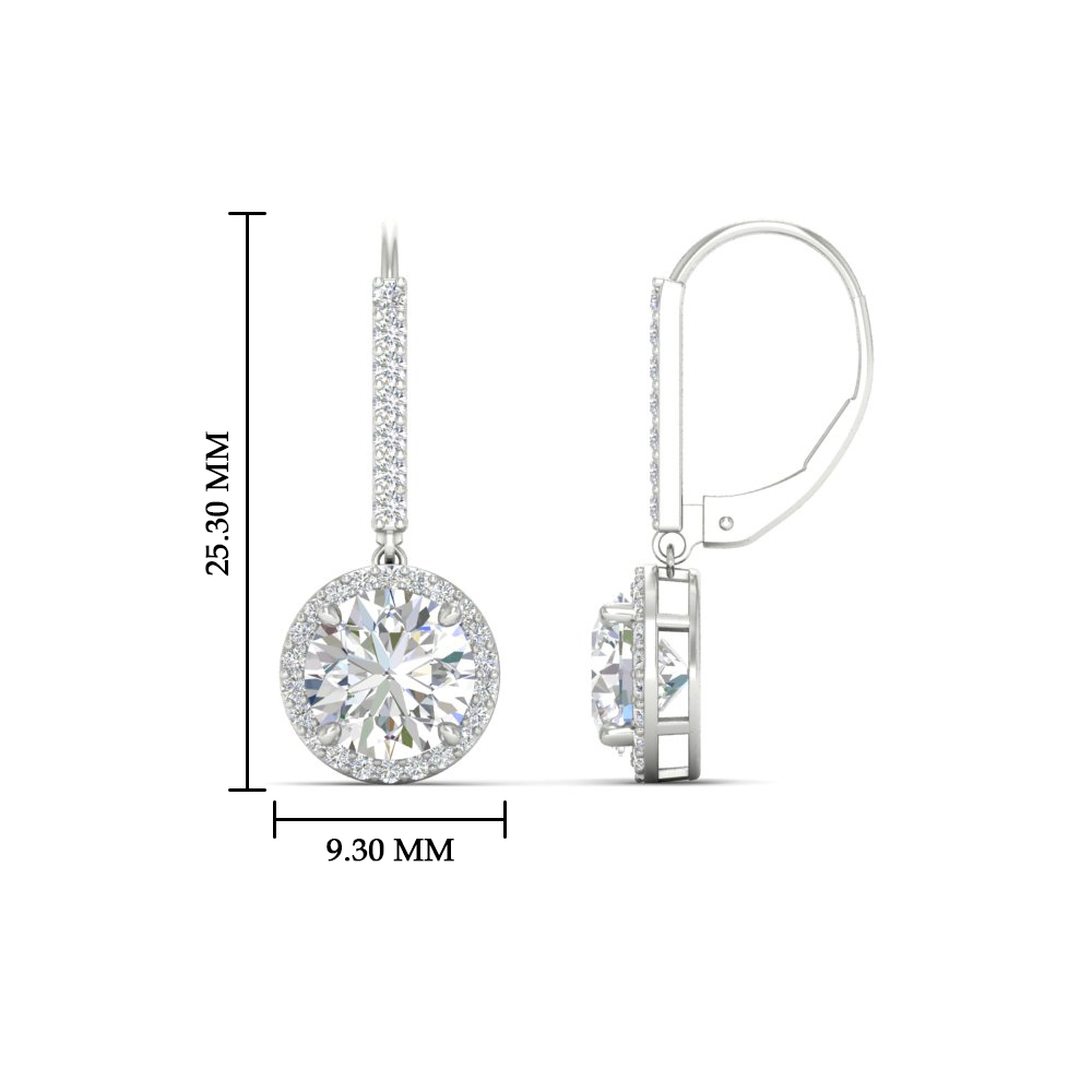  2 Carat Lever Back Round Dangle Earrings with White Diamond 14K White Gold