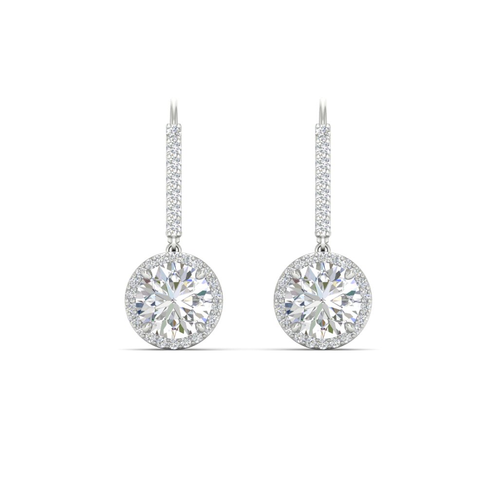  2 Carat Lever Back Round Dangle Earrings with White Diamond 14K White Gold