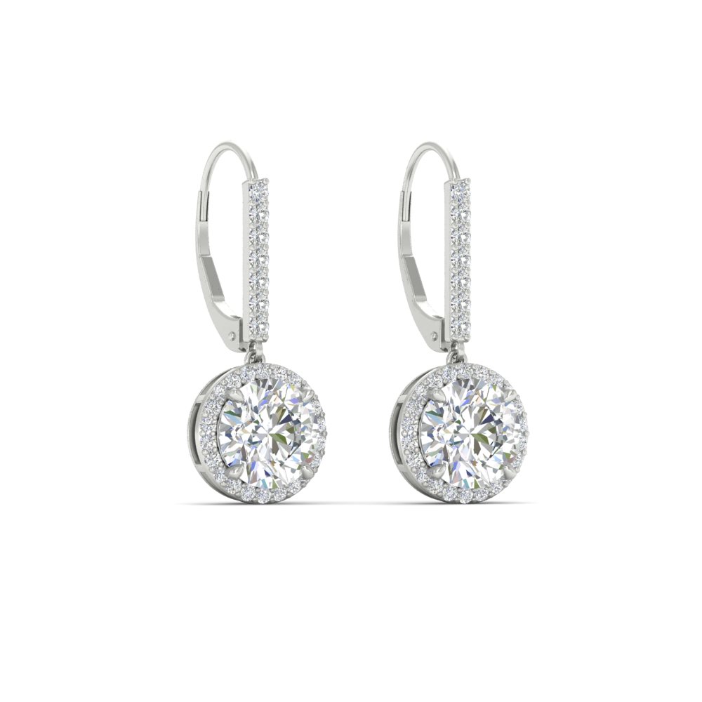  2 Carat Lever Back Round Dangle Earrings with White Diamond 14K White Gold