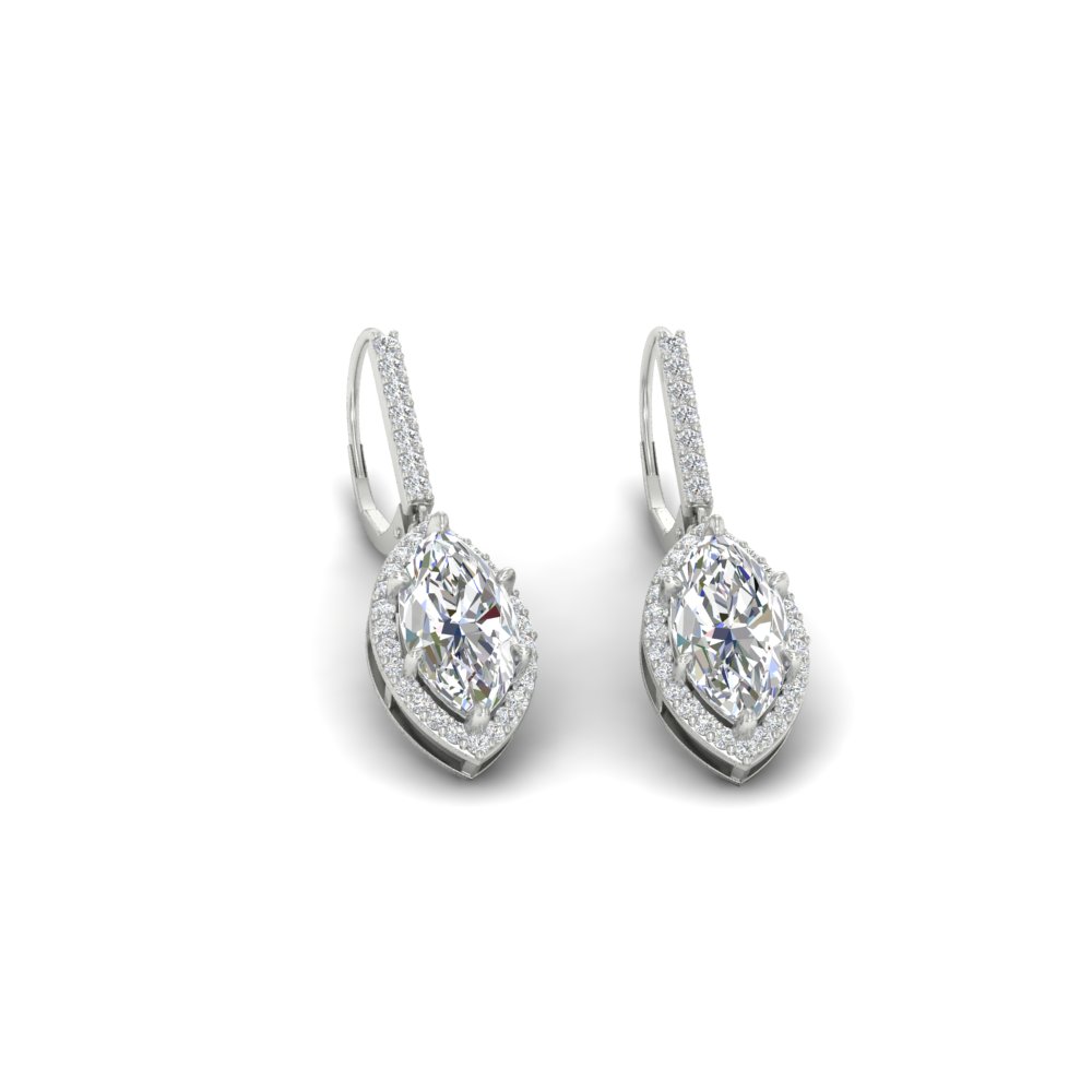 2 Carat Marquise Diamond Halo Leverback Earrings with 14K White Gold White Diamond