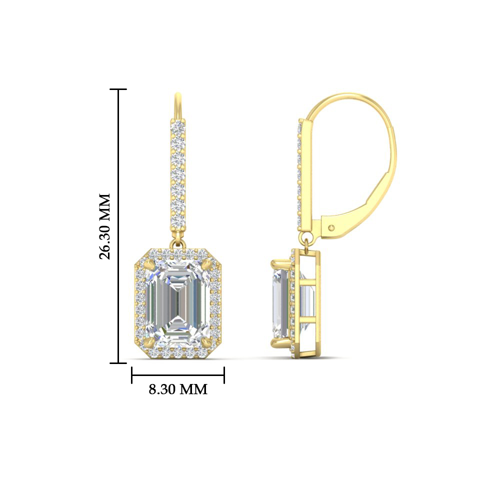 3 Carat Emerald Halo Classic Lever Back Earrings with 14K Yellow Gold White Diamond