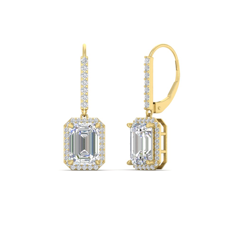 3 Carat Emerald Halo Classic Lever Back Earrings with 14K Yellow Gold White Diamond