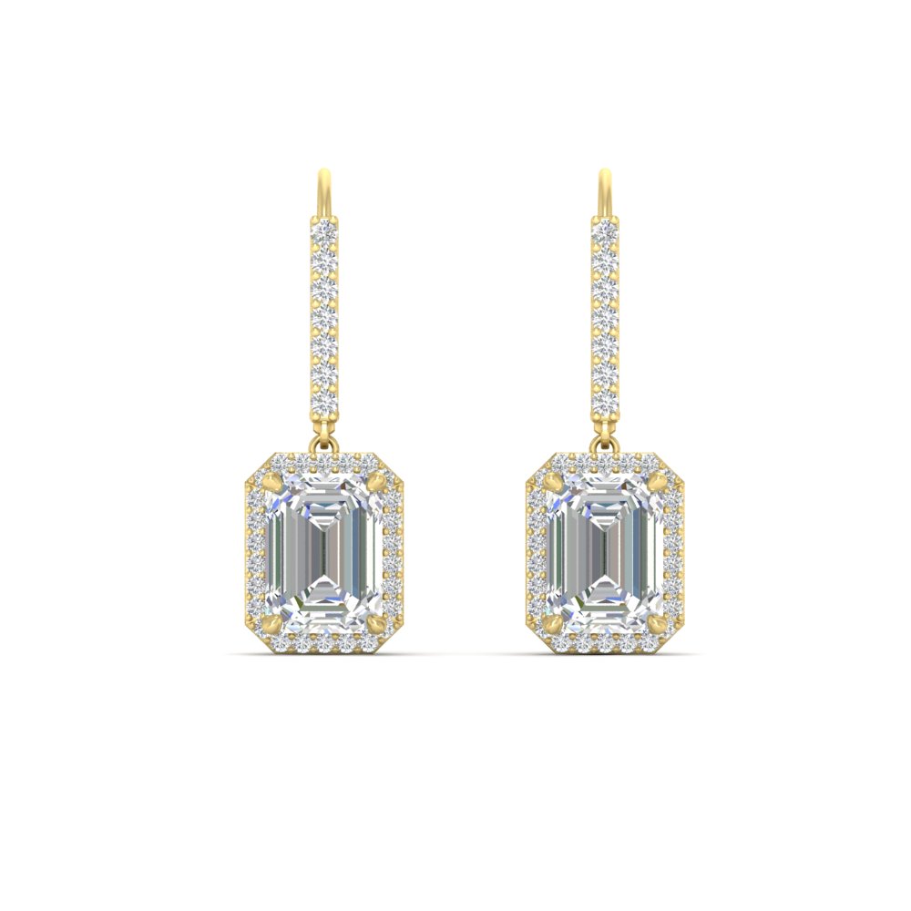 3 Carat Emerald Halo Classic Lever Back Earrings with 14K Yellow Gold White Diamond