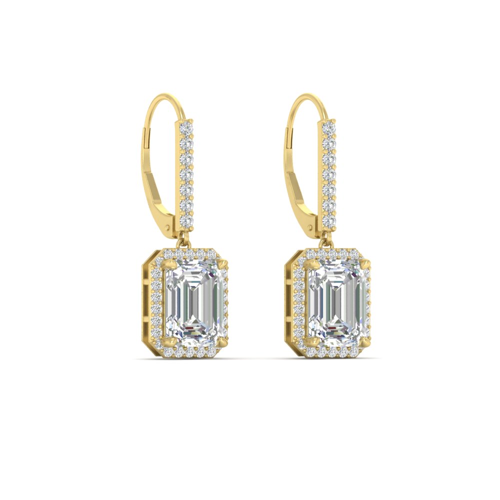 3 Carat Emerald Halo Classic Lever Back Earrings with 14K Yellow Gold White Diamond