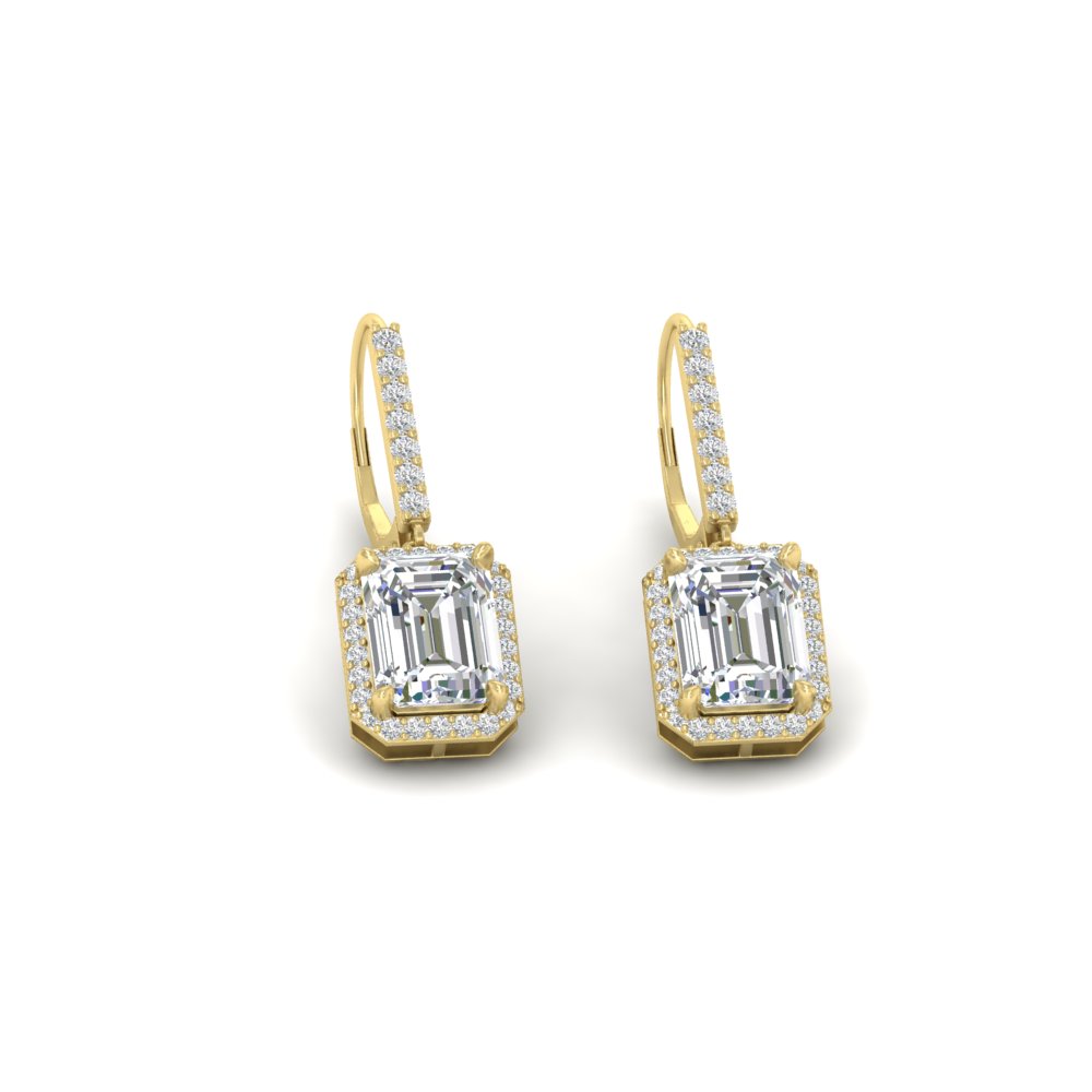3 Carat Emerald Halo Classic Lever Back Earrings with 14K Yellow Gold White Diamond