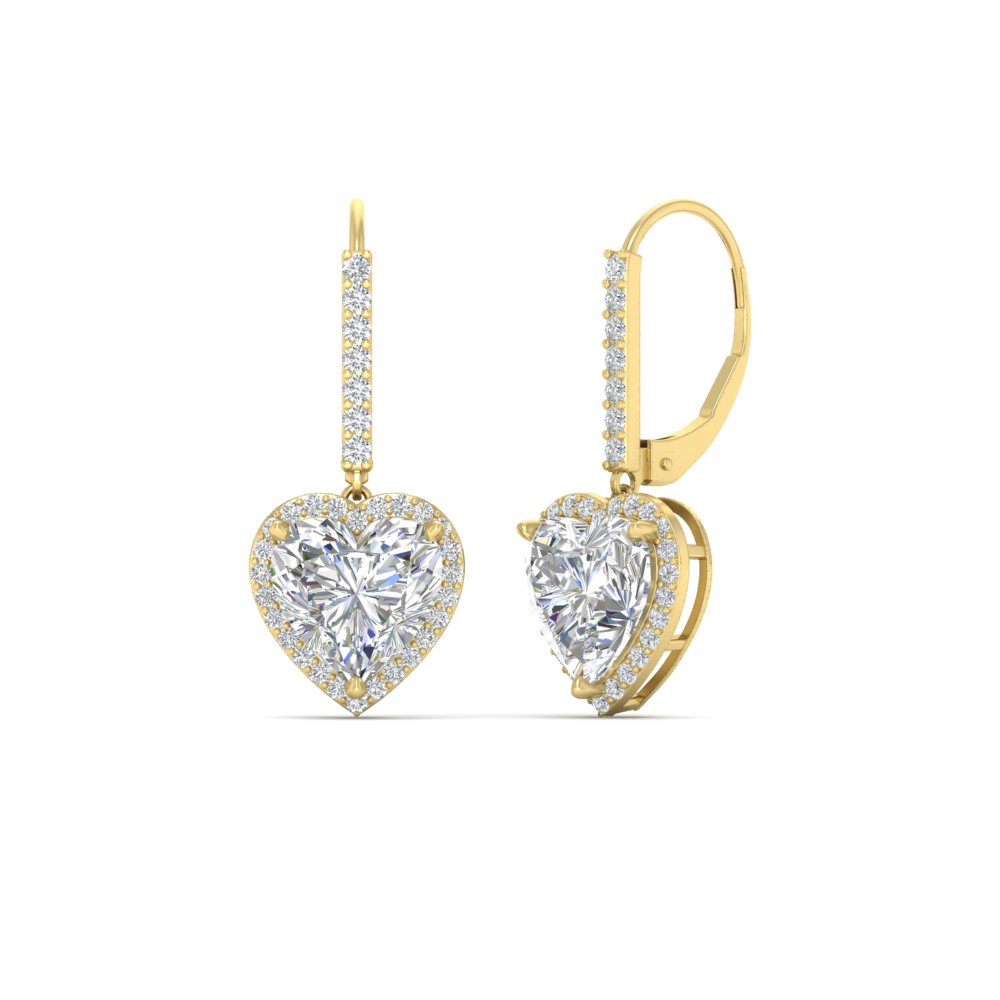 3 Carat Halo Heart Lever Back Earring with 14K Yellow Gold White Diamond